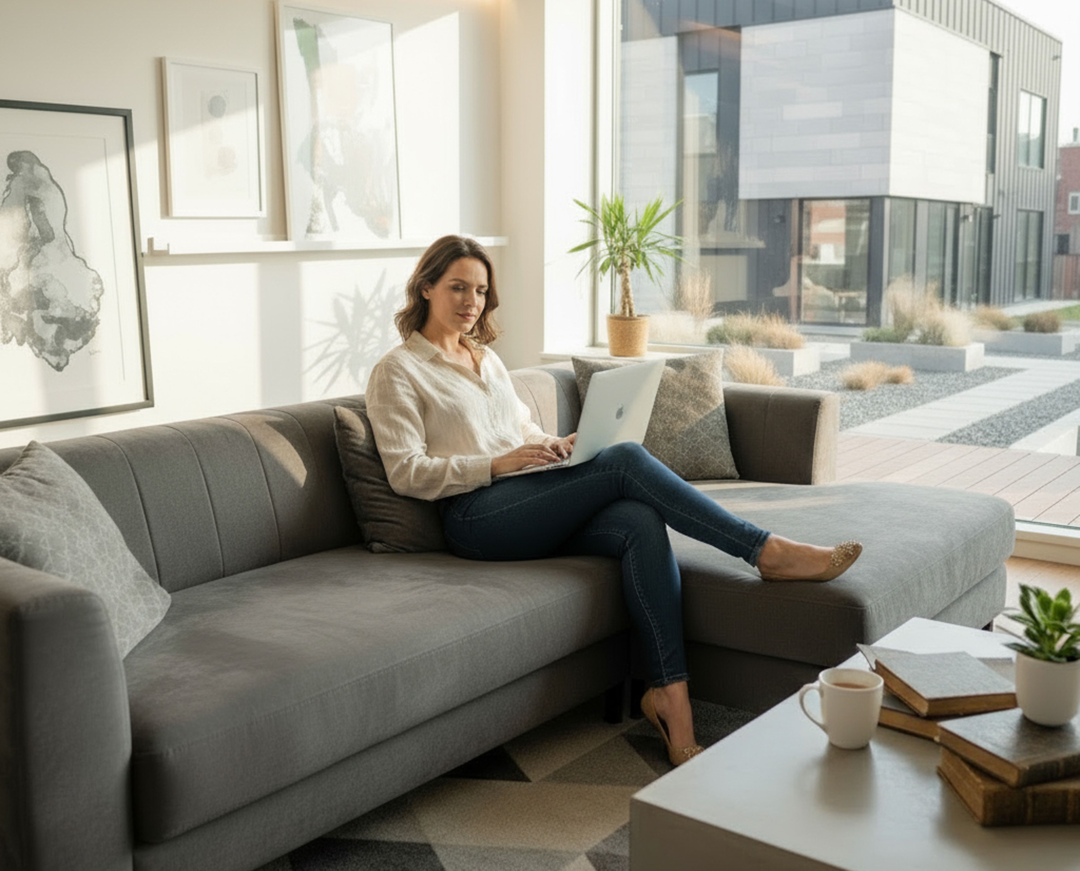 A woman in a contemporary home working on a laptop